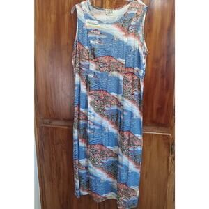 VTG USA Clio II 100% Rayon Midi Dress 1x Beachy Italian Lagenlook Bird Teacher